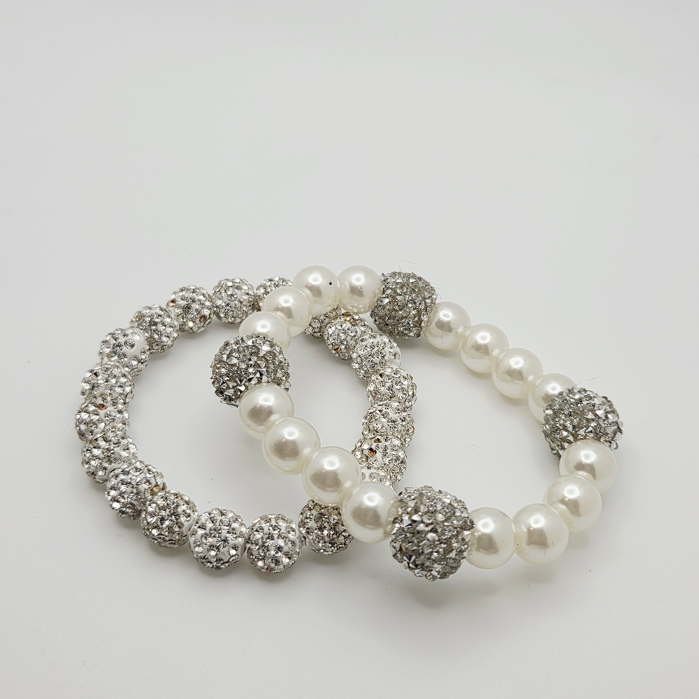 Disco Ball Rhinestone Bracelets Faux Pearl Silver Tone Bracelet Duo 6.5